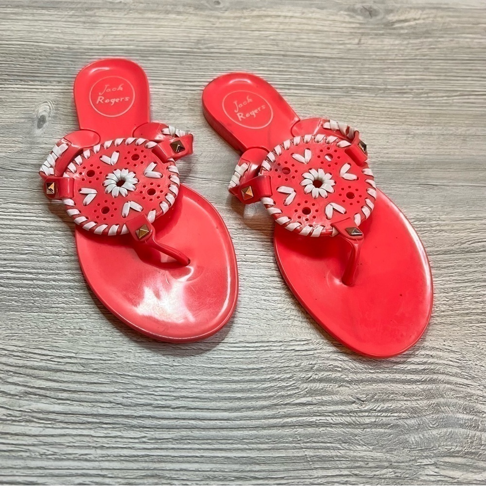 Kids Jack Roger’s slip on thong sandals size 3 bright hot pink and white lacing